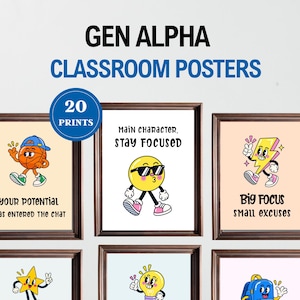 Puede incluir: Una colección de 20 pósteres para el aula con personajes de dibujos animados y texto motivacional. Los pósteres incluyen ilustraciones de un balón de baloncesto, una cara sonriente amarilla y un rayo, con frases como 'Your potential has entered the chat'.
