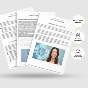 May include: A stack of white paper documents with the title "Stem Cell Therapy" and the text "Final Thoughts and Looking Ahead." The documents have a woman's image and icons for "Printable Ebook," "Canva Editable," and "Instant Download."