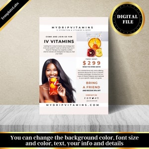 Puede incluir: Un folleto rosa y blanco con el texto "MYDRIPVITAMINS" en negro. El folleto anuncia la terapia IV de vitaminas con un shot gratis cuando gastas m&aacute;s de $ 299. El folleto tambi&eacute;n incluye una promoci&oacute;n para traer a un amigo y recibir un 10% de descuento.