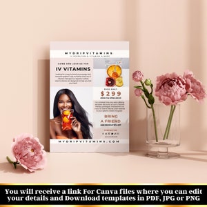 Puede incluir: Un folleto rosa y blanco con una mujer sosteniendo un vaso de jugo de naranja. El folleto anuncia terapia de vitaminas IV con un shot gratis por gastar m&aacute;s de $ 299 y un descuento del 10% por traer un amigo. El folleto tambi&eacute;n incluye la direcci&oacute;n del sitio web "mydripvitamins.com".