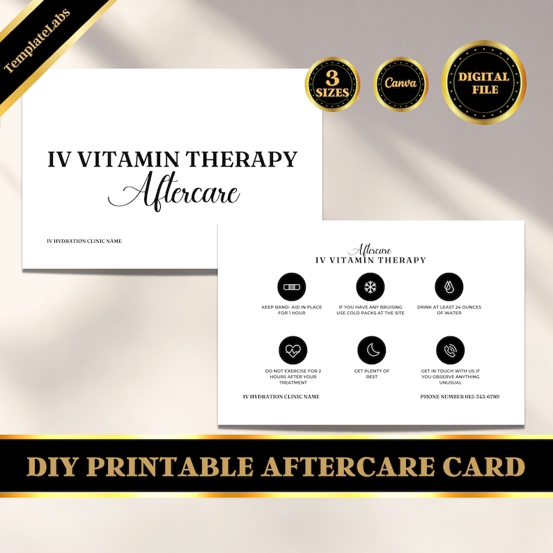 May include: A black and white printable aftercare card for IV vitamin therapy. The card includes instructions for aftercare, such as keeping a band-aid in place for one hour, using cold packs for bruising, drinking at least 24 ounces of water, not exercising for two hours, getting plenty of rest, and contacting the clinic if anything unusual occurs. The card also includes the clinic's name and phone number.