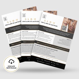May include: Three flyers with the word "GLOW" in large letters, featuring text about a premium peptide blend. The flyers have a black and gold color scheme, with a photo of two people. The flyers also include the text "INSTANT DOWNLOAD".