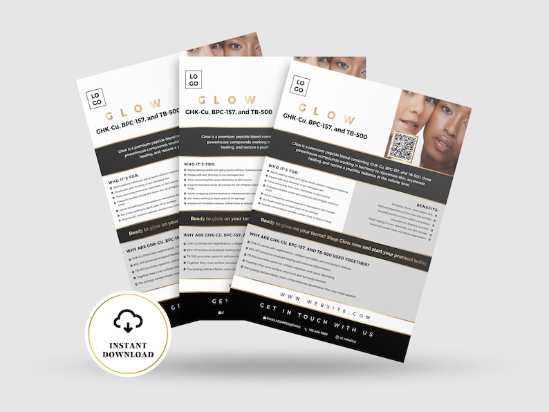 May include: Three flyers with the word "GLOW" in large letters, featuring text about a premium peptide blend. The flyers have a black and gold color scheme, with a photo of two people. The flyers also include the text "INSTANT DOWNLOAD".