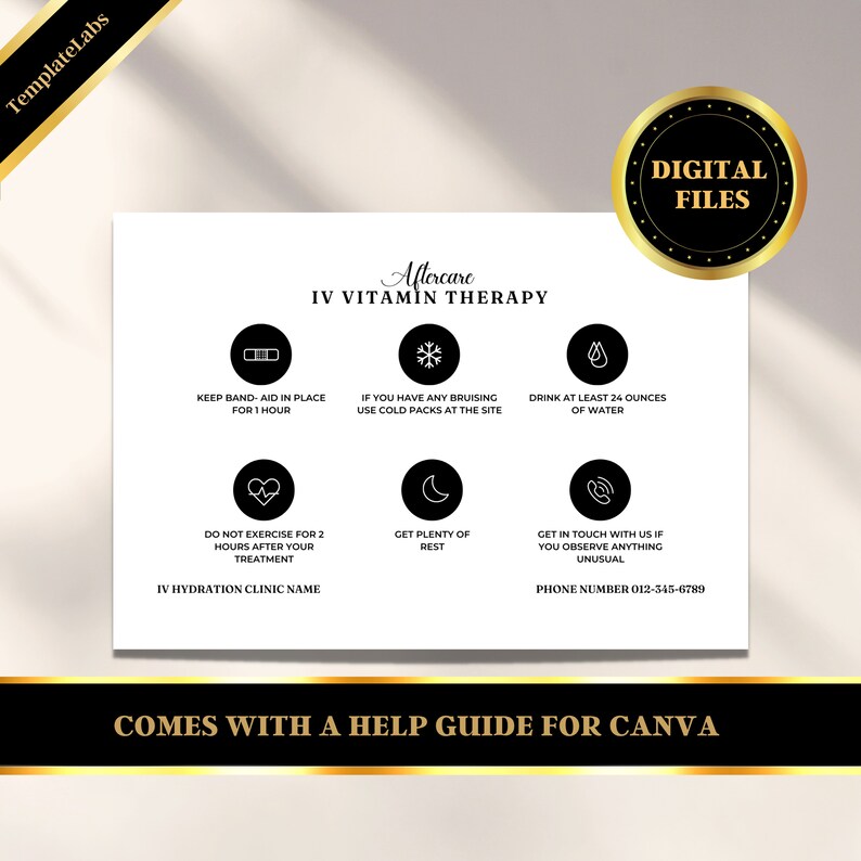 May include: Black and white infographic with instructions for IV Vitamin Therapy aftercare. The infographic includes icons for keeping a bandage in place, using cold packs, drinking water, resting, and contacting the clinic if you experience any unusual symptoms. The text includes the phrase "IV Hydration Clinic Name".