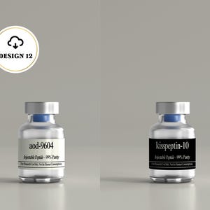 May include: Two clear glass vials with silver caps and blue stoppers. The left vial has a white label reading aod-9604 Injectable Peptide--99% Purity. The right vial has a black label reading kisspeptin-10 Injectable Peptide--99% Purity.