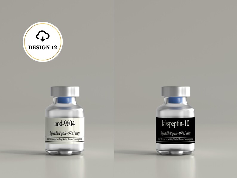 May include: Two clear glass vials with silver caps and blue stoppers. The left vial has a white label reading aod-9604 Injectable Peptide--99% Purity. The right vial has a black label reading kisspeptin-10 Injectable Peptide--99% Purity.