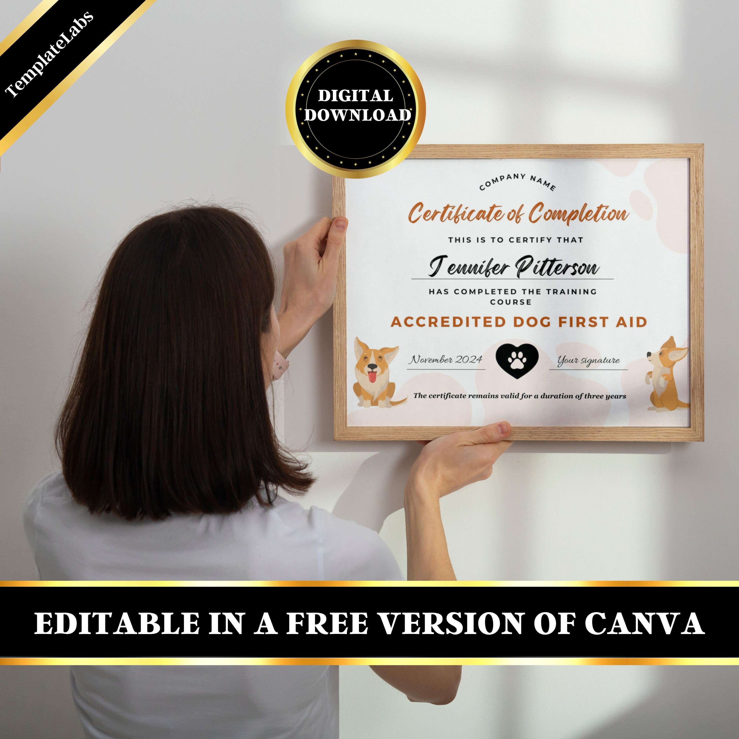 Dog First Aid Printable Certificate, Puppy First Aid, Certificate of Completion Template, CPR ...