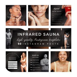 May include: A collage of six Instagram post templates for an infrared sauna business. The templates feature images of people using the sauna and text highlighting the benefits of infrared sauna use, such as weight loss, improved sleep quality, and muscle healing. The text "Infrared Sauna" is featured in a large font on a black background.