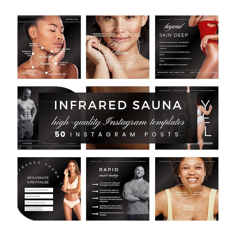 May include: A collage of six Instagram post templates for an infrared sauna business. The templates feature images of people using the sauna and text highlighting the benefits of infrared sauna use, such as weight loss, improved sleep quality, and muscle healing. The text "Infrared Sauna" is featured in a large font on a black background.