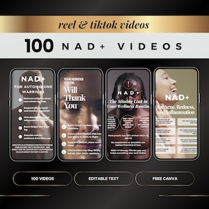 Puede incluir: Un gráfico promocional para videos de NAD+. La imagen presenta cuatro maquetas de teléfonos inteligentes con texto sobre los beneficios de NAD+, incluida la reducción del estrés oxidativo y el apoyo a la regulación inmunológica. El gráfico también incluye el texto "100 NAD+ VIDEOS."