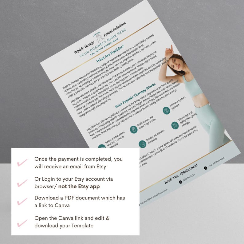 May include: A white and gold patient guidebook titled "Peptide Therapy" with text and graphics. The guide includes information on peptides, their functions, and how they work. A woman in a teal top and leggings is in the background.