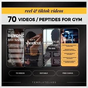 May include: A promotional graphic for gym-related content, featuring the text "reel & tiktok videos" and "70 VIDEOS / PEPTIDES FOR GYM." The design includes mockups of phone screens with fitness-related information and the words "BEYOND Bro-Science," "NOT A shortcut," "HEALING & RECOVERY," and "MOTS-C."