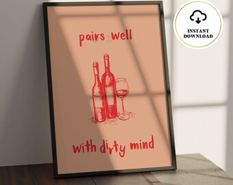 Pairs Well With, Girl Dinner Wall Art, Retro Cocktail Print, Retro Red Poster, Funky Bar Cart, Cheers Printable Wall Art, Digital Print