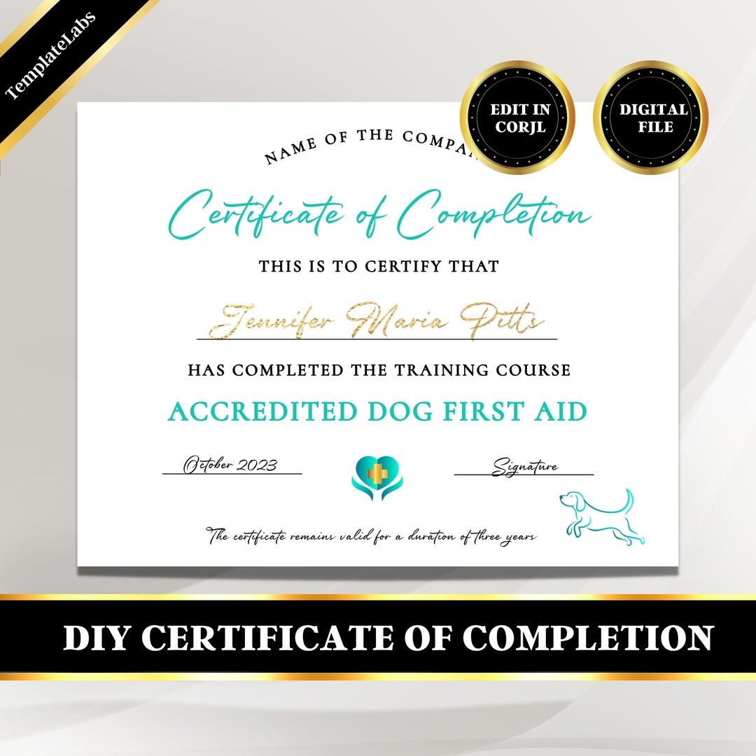 Dog First Aid Printable Certificate, Puppy First Aid, Certificate of Completion Template, CPR ...