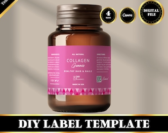 Collagen Gummies Label Template,  Vitamin Label, Supplement Label Template, Gummies Label, Edit in Canva, Fully Editable, DIY File, Digital