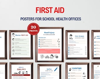 May include: A collection of twenty first aid posters for school health offices, framed in dark wood. The posters feature instructional text and illustrations for medical emergencies, including head injuries, burns, cuts, fainting, and when to call 911.
