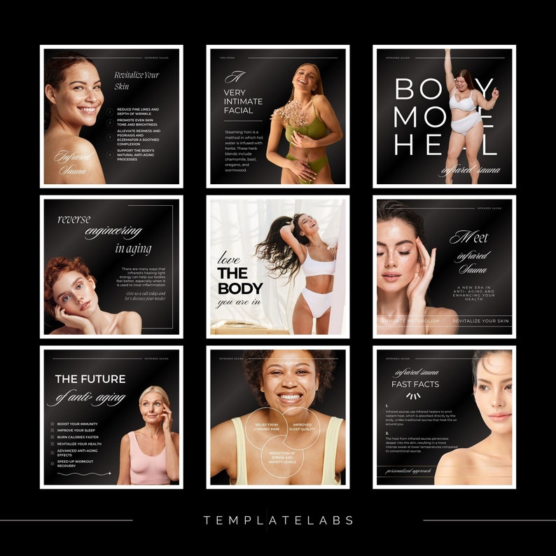 May include: A collage of nine images promoting the benefits of infrared sauna use. The images feature people of different ages and ethnicities, and highlight the sauna's ability to revitalize skin, reverse the signs of aging, and improve sleep quality. The text "Revitalize Your Skin", "Reverse Engineering in Aging", "Love The Body You Are In", "The Future of Anti-Aging", "Meet Infrared Sauna", "A Very Intimate Facial", "Body, Move, Heal", and "Infrared Sauna Fast Facts" is included in the images.