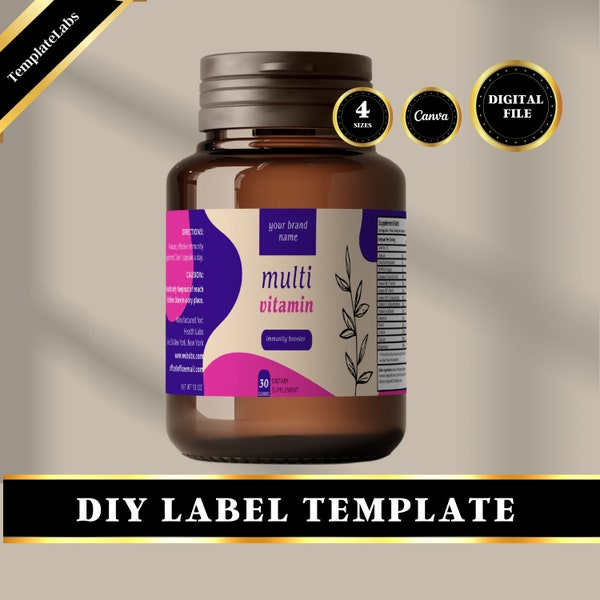 Supplement Label Template, Vitamin Label, Medicine Bottle Label, Bottle Label Template, Edit in Canva, DIY Label, 4 Sizes, Digital Download