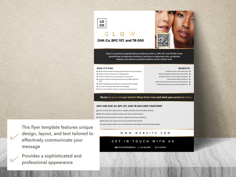 May include: A promotional flyer with the word "GLOW" in gold lettering, featuring two women's faces. The flyer lists benefits and ingredients, including GHK-Cu, BPC-157, and TB-500. The flyer's design is black, white, and gold.