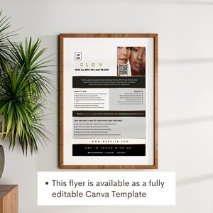 May include: A framed flyer with a wooden border, featuring the word "GLOW" in gold lettering. The flyer includes text about GHK-Cu, BPC-157, and TB-500, with images of two women. The bottom of the flyer says "GET IN TOUCH WITH US."