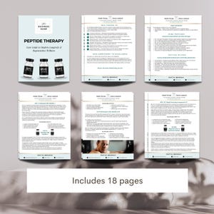 May include: A brochure titled "Peptide Therapy" with the text "Your Guide to Modern Longevity & Regenerative Wellness." The cover features three supplement bottles labeled BLP-1, BPC-157, and BLP-2. The brochure includes 18 pages of information.