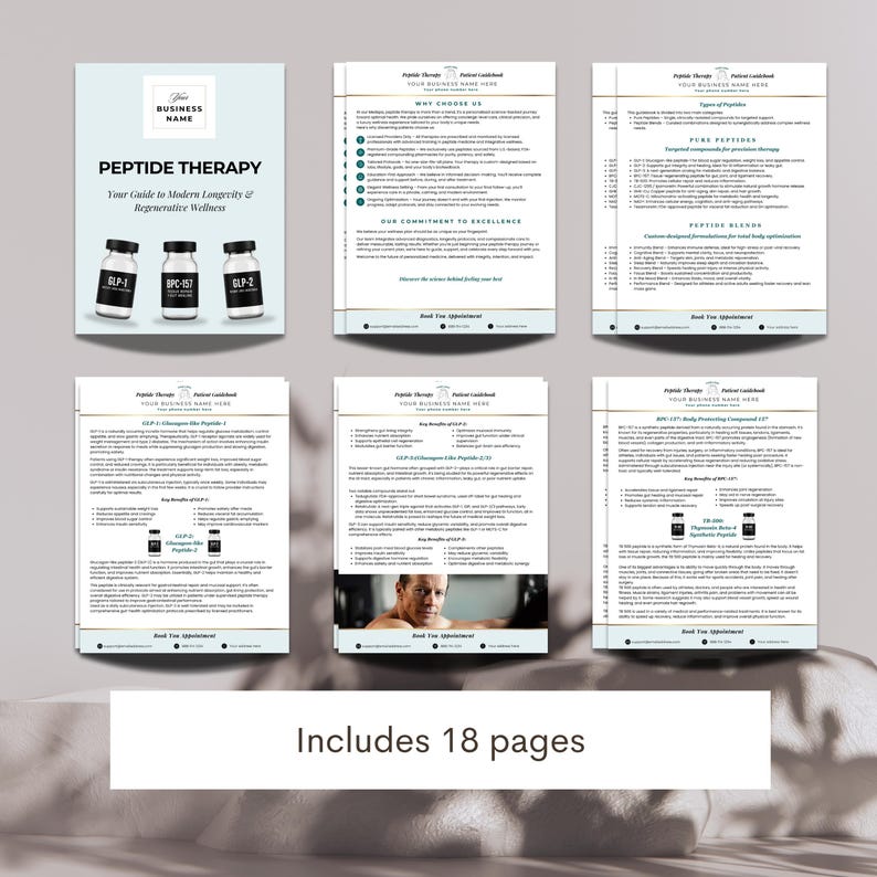 May include: A brochure titled "Peptide Therapy" with the text "Your Guide to Modern Longevity & Regenerative Wellness." The cover features three supplement bottles labeled BLP-1, BPC-157, and BLP-2. The brochure includes 18 pages of information.