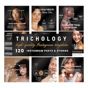 May include: A collage of images promoting hair care services. The images feature models with different hair types and skin tones. The text on the images includes the words "Trichiology", "high-quality Instagram templates", "120 Instagram posts & stories", and "Care Don'ts".