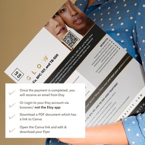 May include: A flyer with the word "GLOW" in gold lettering, featuring a QR code and images of faces. The flyer lists benefits and instructions, including "Shop Glow now and start your protocol today."