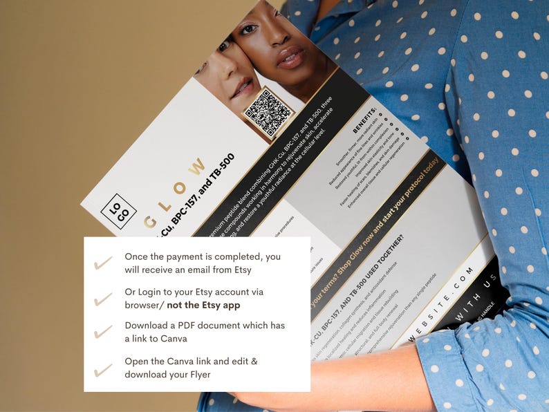 May include: A flyer with the word "GLOW" in gold lettering, featuring a QR code and images of faces. The flyer lists benefits and instructions, including "Shop Glow now and start your protocol today."