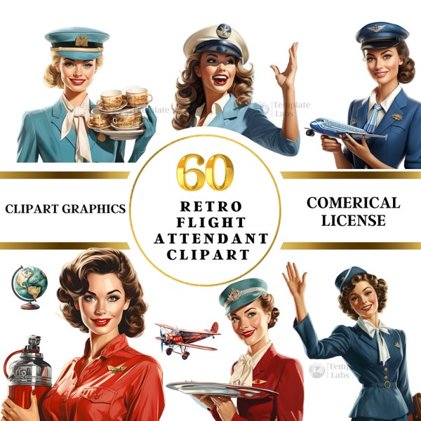 Retro Flight Attendant, Flight Attendant PNG, Aviation PNG, Retro Clipart, Retro Airline, Digital Illustration, 60 PNG, Commercial License