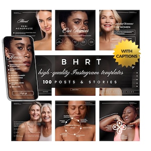 Peut inclure: Un ensemble de modèles Instagram noirs et dorés pour les entreprises proposant un traitement hormonal de remplacement bio-identique (THBR). Les modèles présentent des images de femmes et du texte sur les avantages du THBR, tels que l'amélioration du sommeil, de l'humeur et des niveaux d'énergie. Les modèles sont conçus pour être utilisés sur les plateformes de médias sociaux comme Instagram.