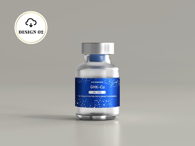 May include: A clear glass vial with a silver cap and a blue label featuring a white molecular pattern. The label text reads Elite Bioresearch, GHK-Cu, 3ML/10MG, and For Research Use Only. Not for Human Consumption. A circular logo with a cloud icon.