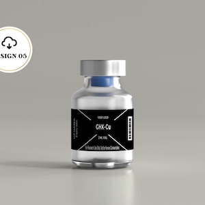 May include: A clear glass vial with a silver metal cap and a blue rubber stopper. The black label features the text GHK-Cu, 3 ML VIAL, and For Research Use Only. Not for Human Consumption, along with a barcode and placeholder for a lot number.