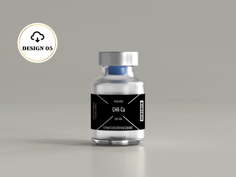 May include: A clear glass vial with a silver metal cap and a blue rubber stopper. The black label features the text GHK-Cu, 3 ML VIAL, and For Research Use Only. Not for Human Consumption, along with a barcode and placeholder for a lot number.