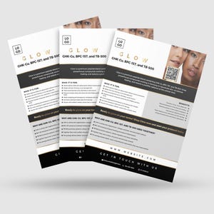 May include: Three white and black flyers with the word "GLOW" in gold lettering. The flyers contain text about a premium peptide blend, with images of faces and a QR code. The flyers are for skincare products.