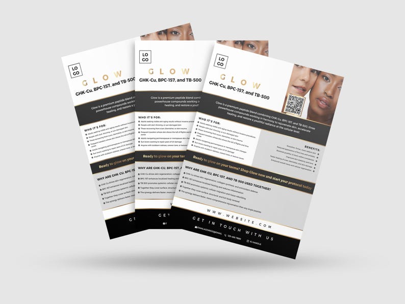May include: Three white and black flyers with the word "GLOW" in gold lettering. The flyers contain text about a premium peptide blend, with images of faces and a QR code. The flyers are for skincare products.