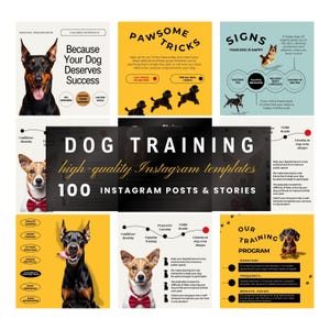 May include: A collection of dog training templates and promotional materials. The images feature dogs, text, and graphics promoting dog training services. The text includes phrases like "Paw-some Tricks" and "Dog Training".