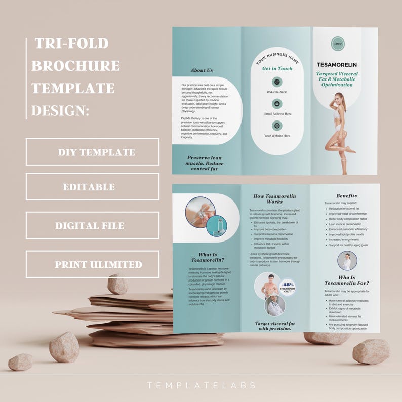 May include: A tri-fold brochure template design with a light blue and beige color scheme. The brochure includes sections for "About Us," "Get in Touch," and "Benefits." The brochure also features the text "Tesamorelin Targeted Visceral Fat & Metabolic Optimization."