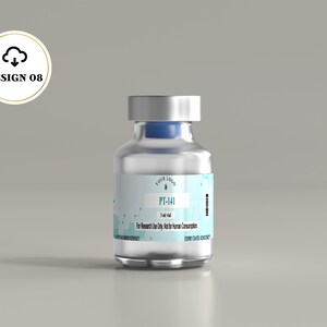 May include: A clear glass vial with a silver cap and a blue stopper, featuring a label with the text PT-141, 3 ml vial, and For Research Use Only, Not for Human Consumption. A circular badge in the upper left corner displays the text DESIGN 08.