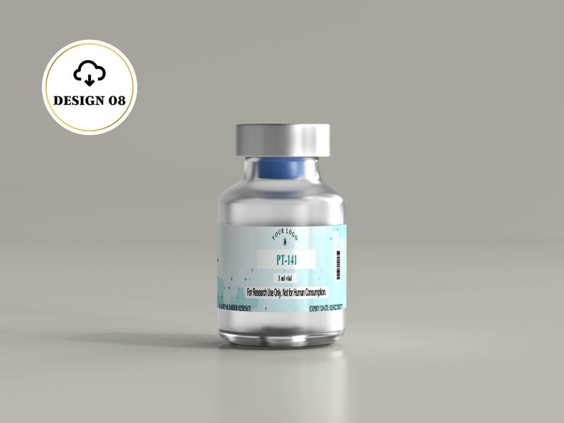 May include: A clear glass vial with a silver cap and a blue stopper, featuring a label with the text PT-141, 3 ml vial, and For Research Use Only, Not for Human Consumption. A circular badge in the upper left corner displays the text DESIGN 08.