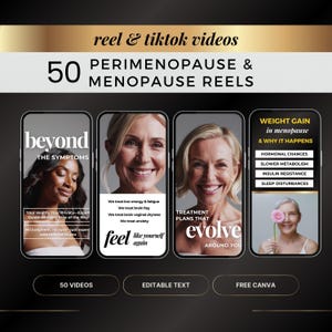 May include: Three phone screen mockups with text and images related to menopause and perimenopause. The first screen has the text "beyond the symptoms" and a woman's face. The second screen has the text "feel like yourself again" and a woman smiling. The third screen has the text "evolve around you" and a woman holding a pink flower. The text "weight gain in menopause & why it happens" is at the top of the screen. Below that is a list of symptoms: "hormonal changes, slower metabolism, insulin resistance, sleep disturbances".