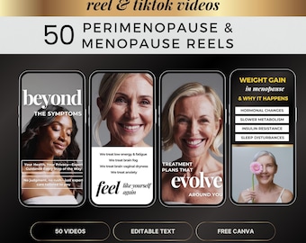 May include: Three phone screen mockups with text and images related to menopause and perimenopause. The first screen has the text "beyond the symptoms" and a woman's face. The second screen has the text "feel like yourself again" and a woman smiling. The third screen has the text "evolve around you" and a woman holding a pink flower. The text "weight gain in menopause & why it happens" is at the top of the screen. Below that is a list of symptoms: "hormonal changes, slower metabolism, insulin resistance, sleep disturbances".