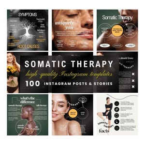 May include: A collage of images promoting somatic therapy. The images feature a tree with branches labeled with symptoms and root causes of stress, a person with closed eyes, and a person in a yoga pose. The text "Somatic Therapy" is featured in a large font with the tagline "high-quality Instagram templates".