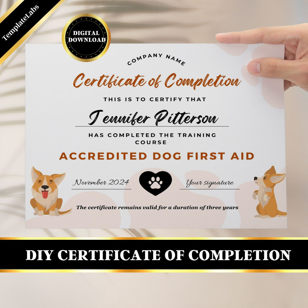 Dog First Aid Printable Certificate, Puppy First Aid, Certificate of Completion Template, CPR ...