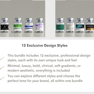 May include: Ten clear glass vials with silver caps and various colored labels featuring text, arranged in two rows. The text below reads: 12 Exclusive Design Styles. This bundle includes 12 exclusive, professional design styles, each with its own unique look and feel.