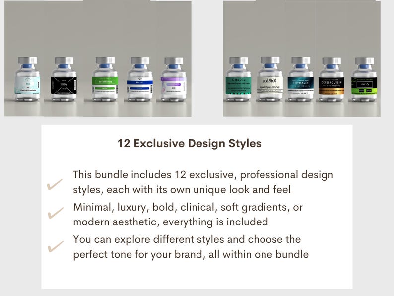 May include: Ten clear glass vials with silver caps and various colored labels featuring text, arranged in two rows. The text below reads: 12 Exclusive Design Styles. This bundle includes 12 exclusive, professional design styles, each with its own unique look and feel.