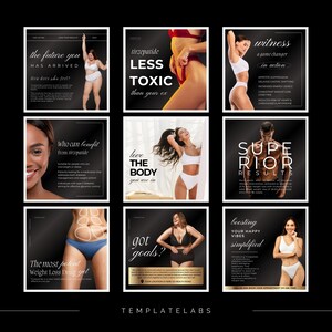 Puede incluir: Nueve im&aacute;genes cuadradas en blanco y negro con texto e im&aacute;genes de personas. El texto incluye "the future you has arrived", "tirzepatide less toxic than your ex", "witness a game changer in action", "who can benefit from tirzepatide", "love the body you are in", "superior results", "the most potent weight loss drug yet", "got goals?", y "boosting your happy vibes simplified".