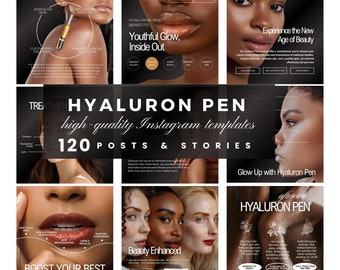 May include: A collage of images promoting Hyaluron Pen treatments. The images feature close-ups of faces with glowing skin and text highlighting the benefits of the treatment, such as "Youthful Glow, Inside Out" and "Experience the New Age of Beauty". The text "Hyaluron Pen" is featured in a large, bold font.