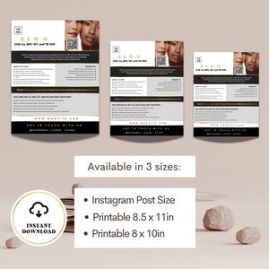 May include: Three flyers with the word "GLOW" at the top, featuring images of two women. The flyers are available in three sizes: Instagram Post Size, Printable 8.5 x 11in, and Printable 8 x 10in. An instant download icon is in the lower left.