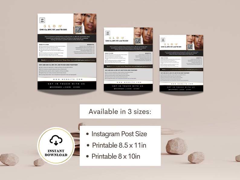 May include: Three flyers with the word "GLOW" at the top, featuring images of two women. The flyers are available in three sizes: Instagram Post Size, Printable 8.5 x 11in, and Printable 8 x 10in. An instant download icon is in the lower left.